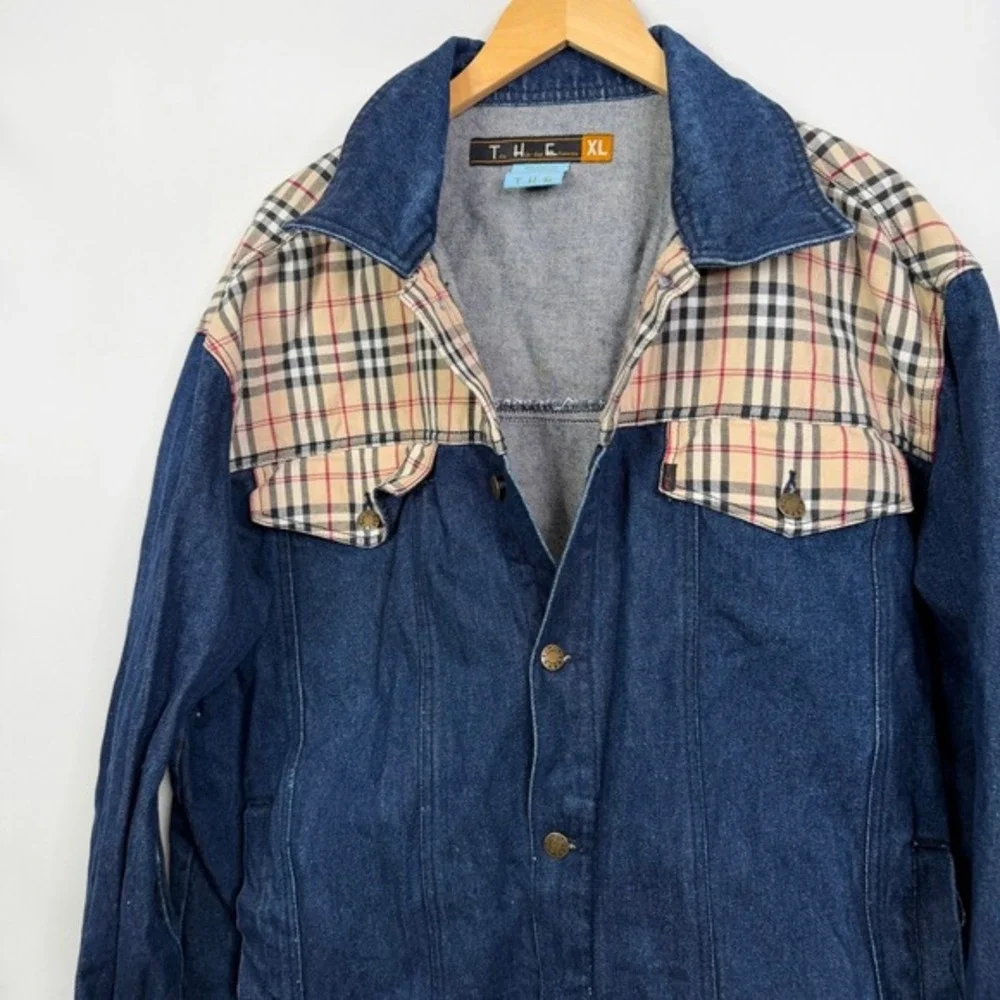 Y2K The Hip-hop Elements T.H.E. Denim Trucker Jacket Plaid Nova Check Mens‎ XL